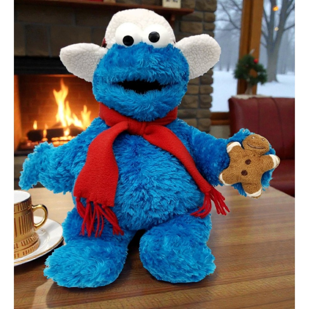 Sesame Street Cookie Monster Plush Gund 2005 Red Scarf Gingerbread Man Plaid Hat